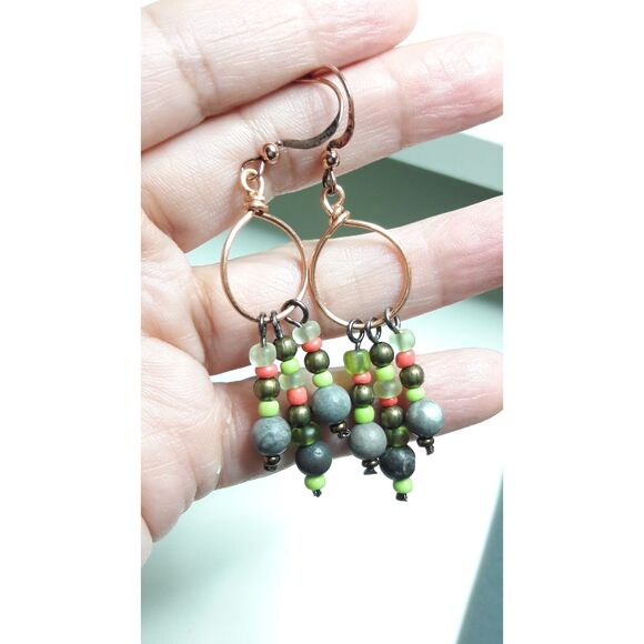 Artisan earrings  147# NEW bohemian Jasper gemstone earrings Copper hoops seeds - Picture 3 of 6